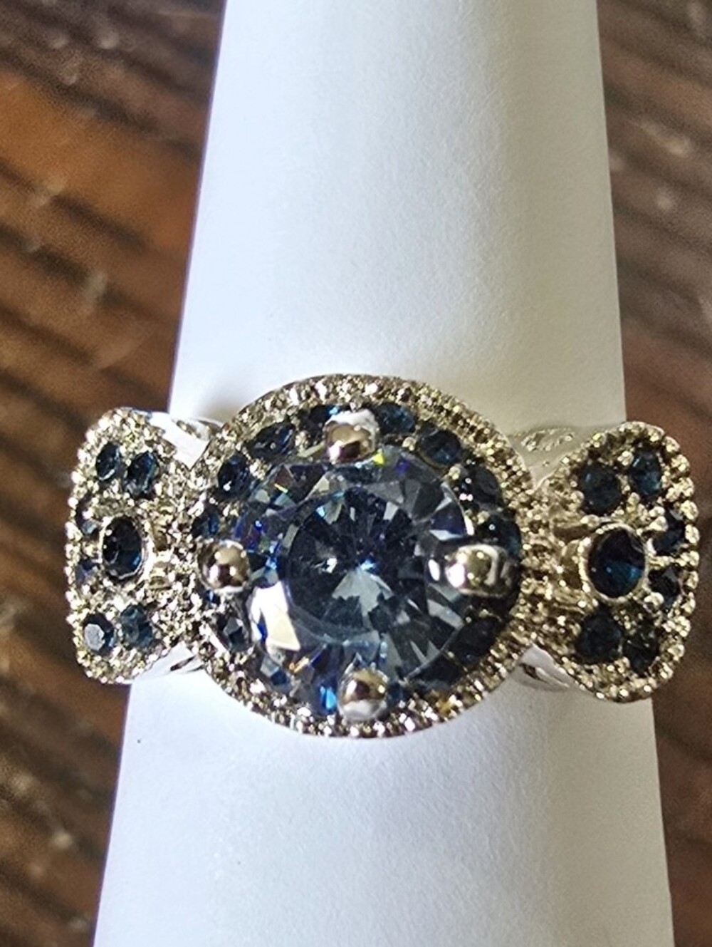 Silver Blue Vintage Inspired Cocktail Ring size 7.5  *